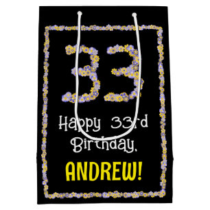 33e verjaardag: Floral Flowers Number, Custom Name Medium Cadeauzakje