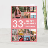 33e verjaardag Foto Collage 13 Foto's Roze en Wit Kaart (Voorkant)
