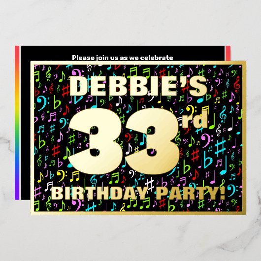 33e verjaardag — Fun, Colorful Music Symbols Folie Uitnodiging (Voorkant / Achterkant)