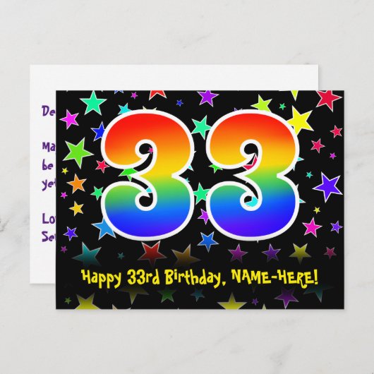 33e verjaardag: Fun Stars Pattern, Rainbow 33, Naa Briefkaart (Voorkant / Achterkant)