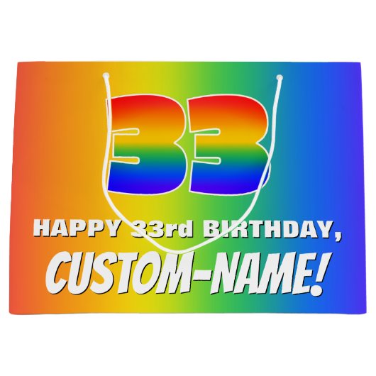 33e verjaardag: kleurrijk, vun regenboogpatroon #  groot cadeauzakje (Voorkant)