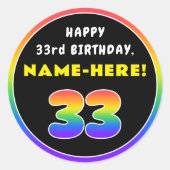 33e verjaardag: kleurrijke regenboog # 33, Naam va Ronde Sticker (Voorkant)