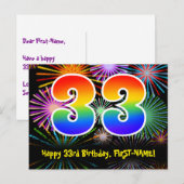 33e verjaardag – leuk vuurwerkpatroon + regenboog  briefkaart (Voorkant / Achterkant)