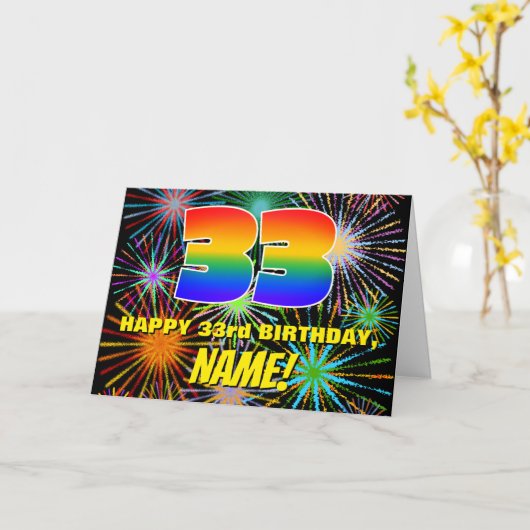 33e verjaardag: Leuke, kleurrijke vuurwerkviering Kaart (Gele Bloem)
