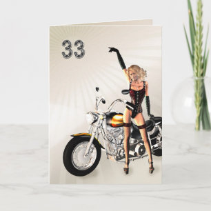 33e verjaardag, motorfiets en meisje kaart