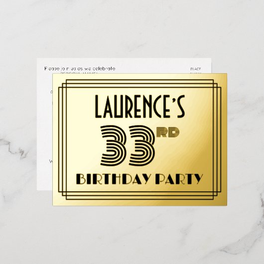 33e verjaardag partij ~ Art Deco Style "33" + naam Folie Uitnodiging Briefkaart (Voorkant / Achterkant)