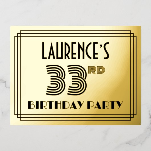 33e verjaardag partij ~ Art Deco Style "33" + naam Folie Uitnodiging Briefkaart (Voorkant)