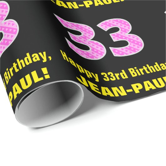 33e verjaardag: Roze strepen en harten "33" + Naam Cadeaupapier (Rol Hoek)