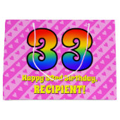 33e verjaardag: roze strips & harten, regenboognr. groot cadeauzakje (Voorkant)