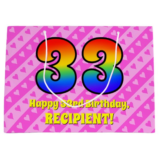 33e verjaardag: roze strips & harten, regenboognr. groot cadeauzakje (Voorkant)