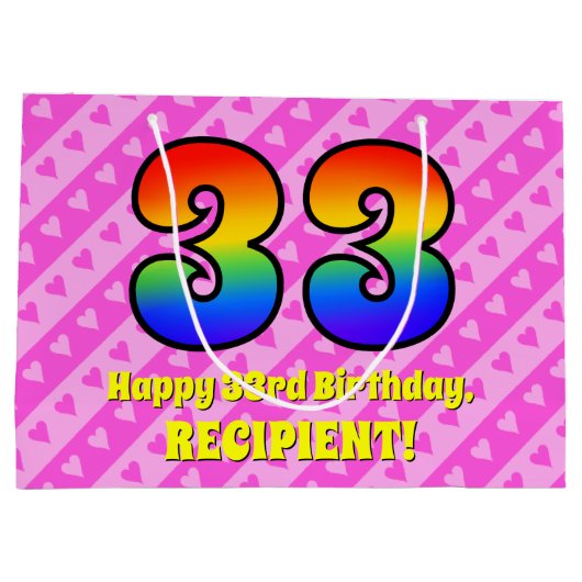 33e verjaardag: roze strips & harten, regenboognr. groot cadeauzakje (Achterkant)