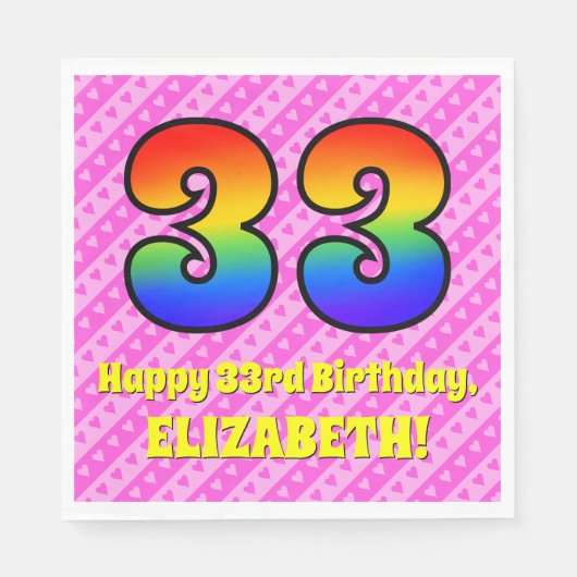 33e verjaardag: roze strips & harten, regenboognr. servet (Voorkant)