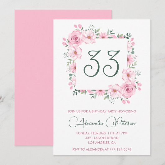 33e verjaardag uitnodiging Boho Floral Pink Elegan (Voorkant / Achterkant)