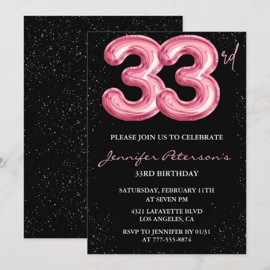 33e verjaardag uitnodiging Glam Pink Black Balloon (Voorkant / Achterkant)