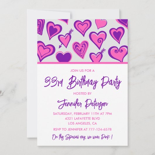 33e verjaardag uitnodiging Glam Pink Heart (Voorkant)