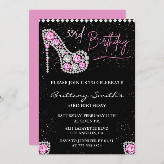 33e verjaardag uitnodiging Glam Pink Silver Diamon (Voorkant / Achterkant)
