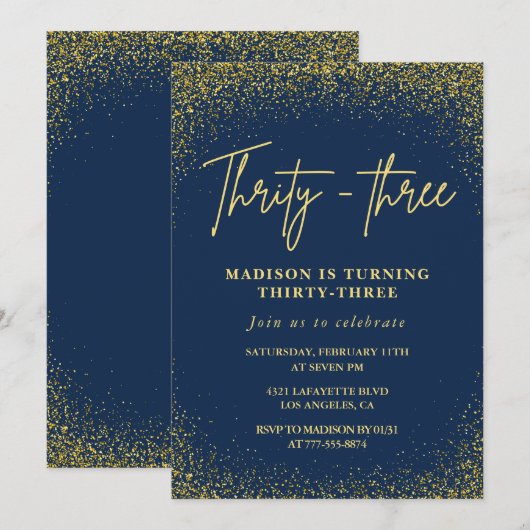 33e verjaardag uitnodiging Gold Blue Glitter (Voorkant / Achterkant)
