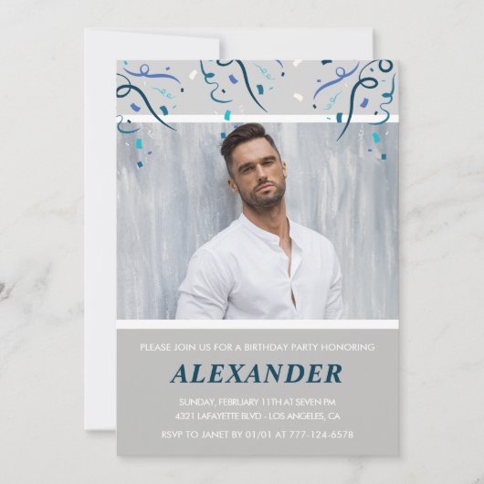 33e verjaardag uitnodiging Mannen Confetti Foto Bl (Voorkant)