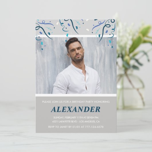 33e verjaardag uitnodiging Mannen Confetti Foto Bl (Staand voorkant)