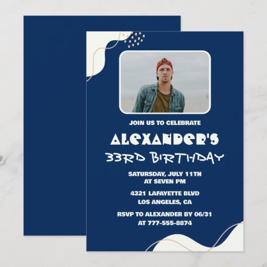 33e verjaardag uitnodiging Mannen Foto Simple Blue (Voorkant / Achterkant)