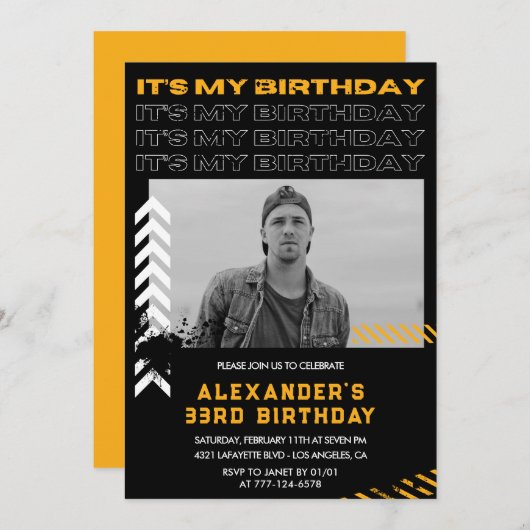 33e verjaardag uitnodiging Mannen Fotospray verf (Voorkant / Achterkant)