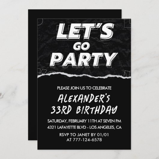 33e verjaardag uitnodiging Mannen Zwart Wit (Voorkant / Achterkant)