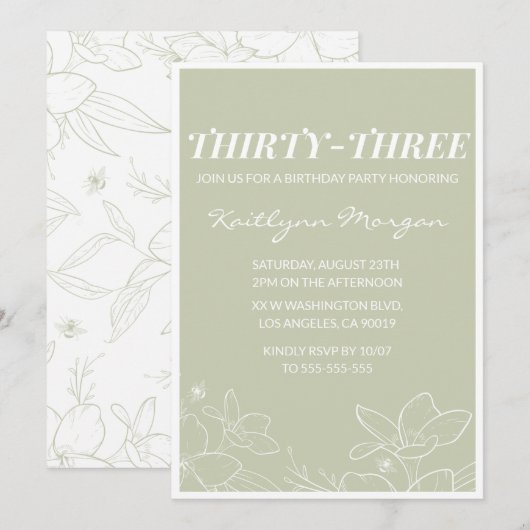 33e verjaardag uitnodiging Modern Floral Elegant (Voorkant / Achterkant)