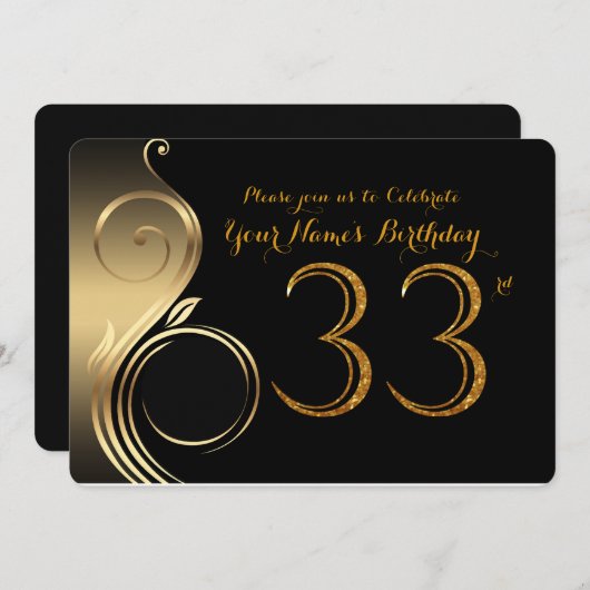 33e, Verjaardag Uitnodiging, Nummer Glitter Goud, Kaart (Voorkant / Achterkant)