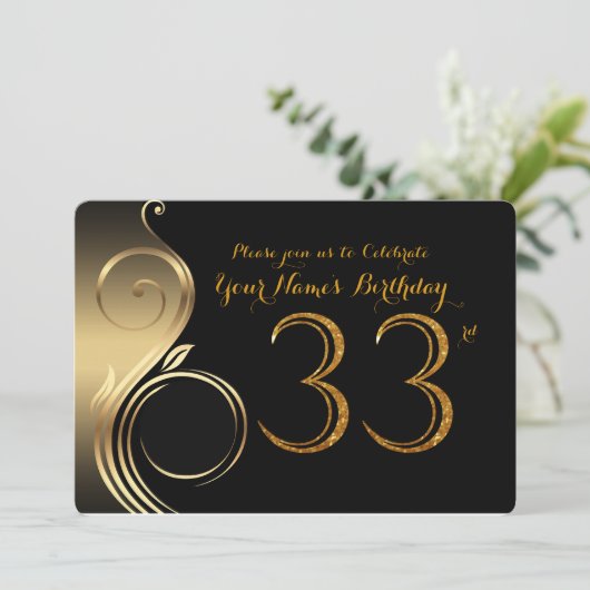 33e, Verjaardag Uitnodiging, Nummer Glitter Goud,  Kaart (Staand voorkant)