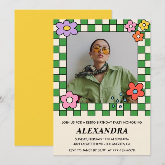 33e verjaardag uitnodiging Retro Groovy Flowers (Voorkant / Achterkant)