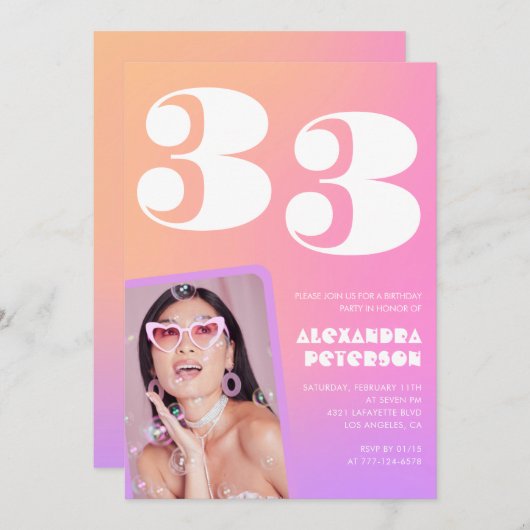 33e verjaardag uitnodiging Retro Pink Foto (Voorkant / Achterkant)