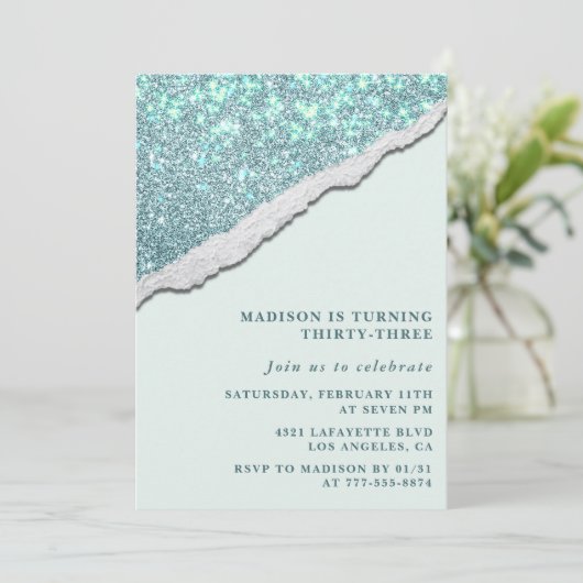 33e verjaardag uitnodiging Sparkle Glam Glitter (Staand voorkant)