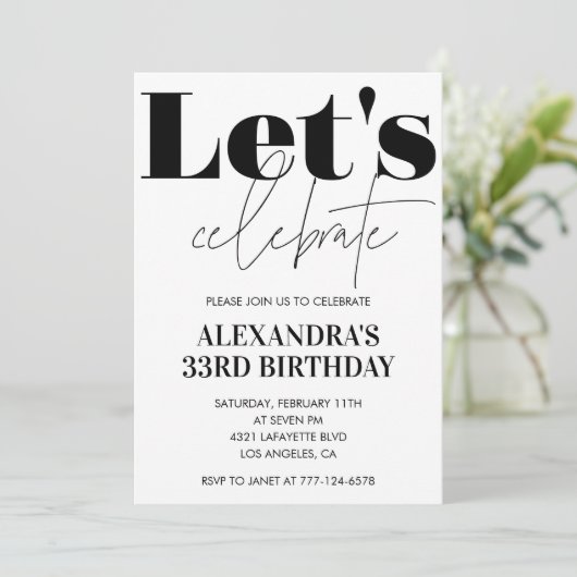33e verjaardag uitnodiging Typografie Black White (Staand voorkant)