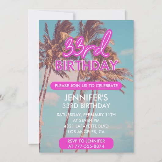 33e verjaardag uitnodigingen roze neon gloed (Voorkant)