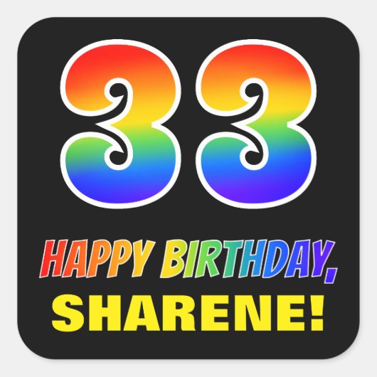 33e verjaardag: Vet, Vun, Eenvoudig, Regenboog 33 Vierkante Sticker (Voorkant)