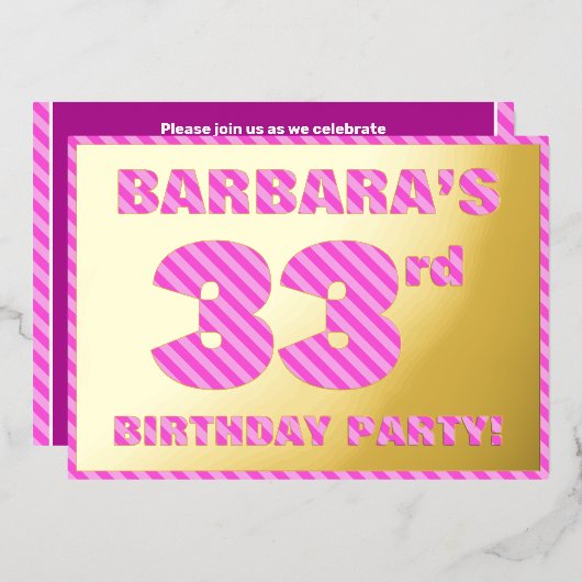 33e verjaardag — Vet, vuurtje, roze band # 33 Folie Uitnodiging (Voorkant / Achterkant)