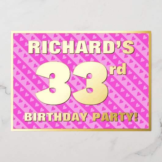 33e verjaardag — vuurroze harten en strips folie uitnodiging (Voorkant)