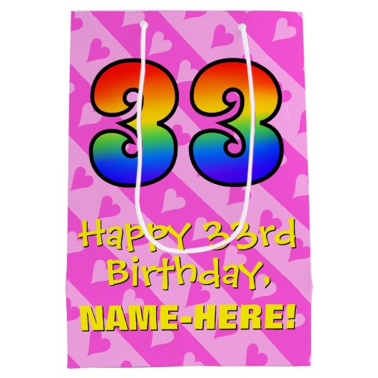 33e verjaardag: vuurroze kunststrepen; regenboog 3 medium cadeauzakje (Achterkant)