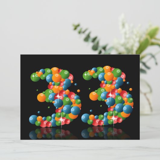 33e verjaardagsfeest, met bubbels en ballen kaart (Staand voorkant)