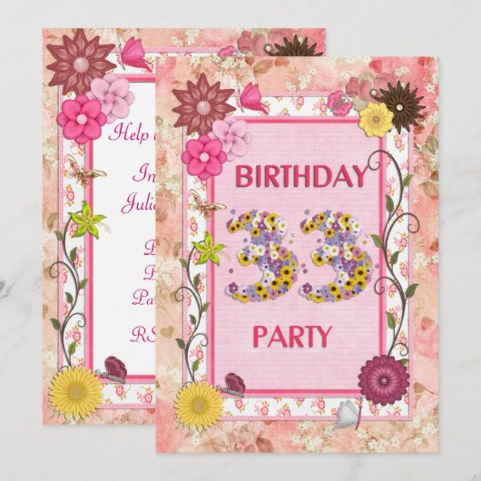 33e verjaardagsfeestje met bloemenfeest lijst kaart (Voorkant / Achterkant)