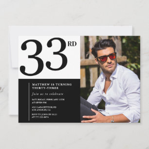 33e verjaardagsuitnodiging Foto Black White Mannen Kaart