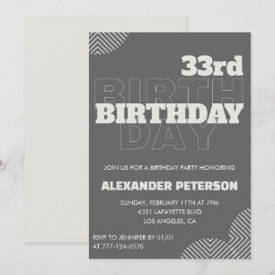 33e verjaardagsuitnodiging Heren Grijze Typografie Kaart