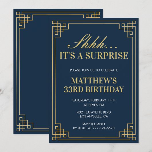 33e verjaardagsuitnodiging Verrassing Verjaardag M Kaart (Voorkant / Achterkant)