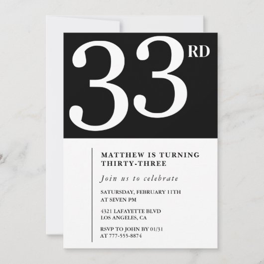 33e verjaardagsuitnodiging Zwart Wit Man Kaart (Voorkant)
