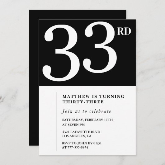33e verjaardagsuitnodiging Zwart Wit Man Kaart (Voorkant / Achterkant)