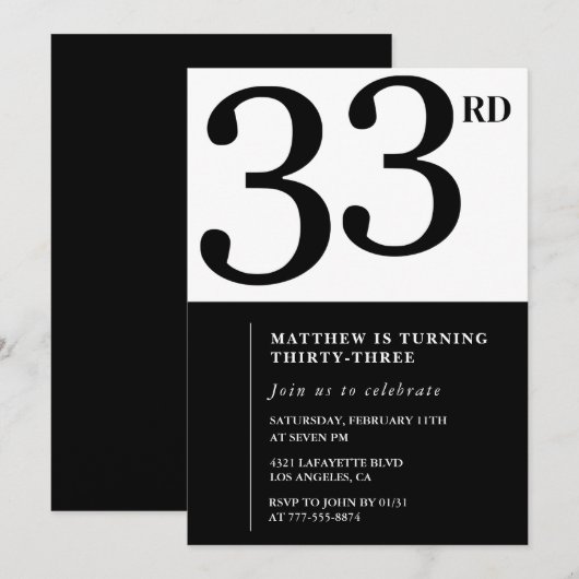 33e verjaardagsuitnodiging Zwart Wit Man Kaart (Voorkant / Achterkant)