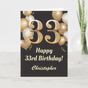 33rd Birthday Black en Gold Balloons Confetti Kaart
