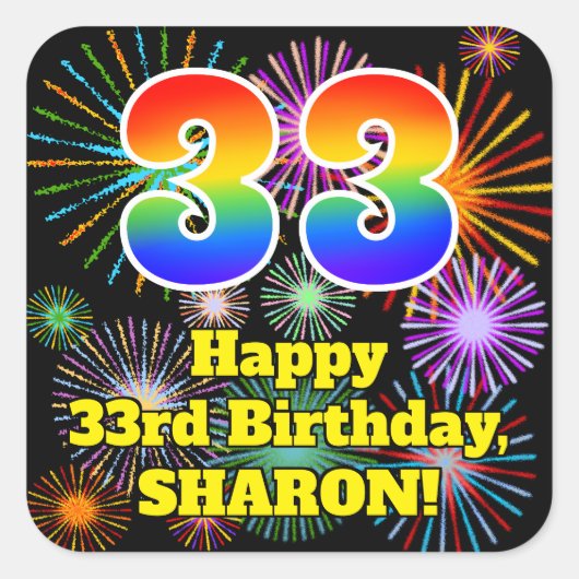 33rd Birthday: Fun Fireworks Look, Rainbow # 33 Vierkante Sticker (Voorkant)