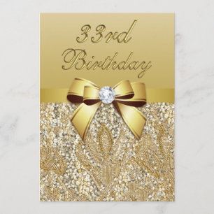 33rd Birthday Gold Faux Sequins and Bow Kaart