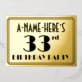 33ste verjaardagsfeest — Art Deco-look “33” + naam Folie Uitnodiging